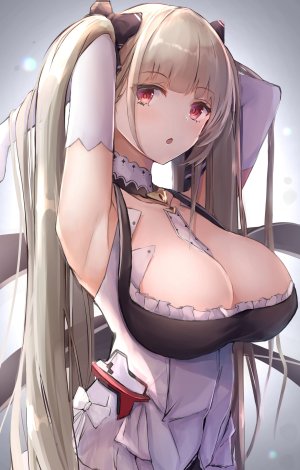 フォーミダブル,碧蓝航线,くろひかげ,前发,直刘海,脸红,露胸,cleavage,连衣裙,長手袋,手套,巨乳,长发,视线正对,開いた口,红色眼,缎带,single,双马尾