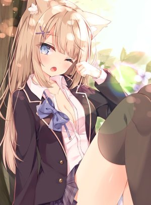 原创,hoshi,兽耳,前发,黑丝,碧眼,脸红,露胸,猫耳,cleavage,衬衫,发饰,长发,长袖,视线正对,one_eye_closed,開いた口,胖次,学校制服,坐姿,短裙,貧乳,single,下着