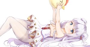 ル・マラン,碧蓝航线,sagirihimesama,碧眼,露胸,双团子头,包子头,发饰,长发,视线正对,横臥,nopan,黑丝,缎带,银发,短裙,貧乳,single,topless,白背景,白丝