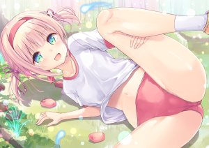 christine_ketoura,iris_mysteria!,天穣りゅか,前发,金发,脸红,露胸,绿色眼,体操服,横臥,露脐,開いた口,缎带,衬衫,貧乳,笑顔,single,双马尾,白丝