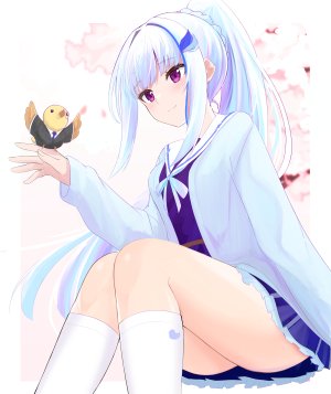 lize_helesta,Nijisanji,前发,青发,直刘海,脸红,三股辫,露胸,发饰,kneehighs,长发,长袖,横乳,紫色眼,笑顔,single,Vtuber,白发,白丝