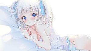 原创,owl,长发,single,脸红,视线正对,highres,前发,露胸,碧眼,白背景,cleavage,白发,横臥,直刘海