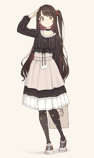 pina_korata,島村卯月,偶像大师,偶像大师:灰姑娘女孩,cloba,脸红,棕色眼,茶发,项圈,连衣裙,全身,发饰,长发,长袖,视线正对,黑丝,笑顔,single,白背景