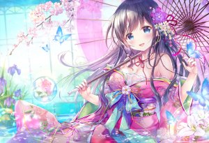 绘守未来Project,桜もよん,露肩,黑发,碧眼,露胸,泡泡,蝴蝶,樱花,cleavage,发饰,holding,和服,巨乳,长发,视线正对,オビ,開いた口,花瓣,缎带,坐姿,笑顔,single,雨伞