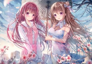 Sousouman,原创,脸红,三股辫,露胸,茶发,汉服,cleavage,长发,紫色眼,紫发,天空,雨伞,scan