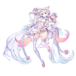 last_origin,paintale,兽耳,前发,碧眼,脸红,三股辫,露胸,猫耳,猫娘,猫尾,连衣裙,全身,吊带袜,萝裙,长发,视线正对,胖次,single,黑丝,双马尾,下着,黄色眼