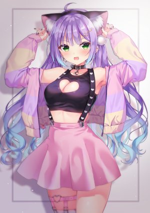 原创,呆毛,兽耳,露肩,青发,脸红,露胸,猫耳,cleavage,绿色眼,发饰,长发,视线正对,横臥,横乳,開いた口,紫发,衬衫,短裙,single,黑丝,双马尾,白背景