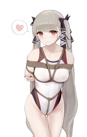 フォーミダブル,碧蓝航线,有楽ゆらく,脸红,捆绑play,露胸,长发,视线正对,横乳,红色眼,缎带,single,泳装,双马尾,白背景