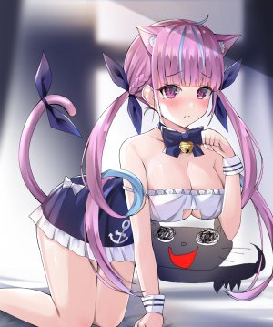 湊あくあ,Hololive,himexin,兽耳,前发,铃,ブラック・キャット,青发,直刘海,脸红,露胸,猫耳,猫尾,项圈,cleavage,巨乳,视线正对,紫色眼,紫发,缎带,短裙,single,双马尾,Vtuber