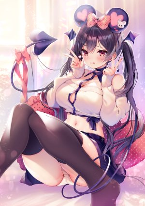原创,ayuma_sayori,长发,single,長身像,脸红,露胸,前发,黑发,红色眼,双马尾,露肩,坐姿,巨乳