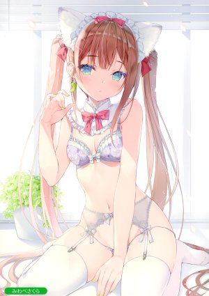 Melonbooks,みわべさくら,兽耳,前发,露肩,碧眼,脸红,bra,露胸,茶发,猫耳,吊带袜,lingerie,长发,视线正对,露脐,胖次,坐姿,貧乳,single,黑丝,结发,下着,白丝