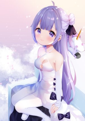 Unicorn,碧蓝航线,maeha,呆毛,前发,露肩,脸红,露胸,cleavage,连衣裙,包子头,长发,长袖,视线正对,横乳,黑丝,紫色眼,紫发,缎带,坐姿,笑顔,single,白丝