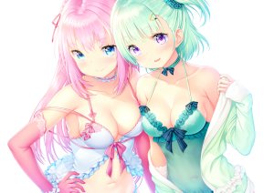 原创,zizi,前发,露肩,碧眼,脸红,露胸,项圈,cleavage,连衣裙,長手袋,手套,绿发,发饰,巨乳,长发,视线正对,露脐,開いた口,粉发,紫色眼,缎带,短发,笑顔