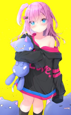 原创,ふぇありぃあい,前发,黑丝,碧眼,脸红,发饰,连帽衫,kneehighs,长袖,视线正对,粉发,single