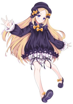 阿比盖尔·威廉姆斯,Fate/GrandOrder,Fate系列,himecoe,前发,金发,碧眼,脸红,连衣裙,全身,长发,长袖,视线正对,缎带,single,白背景