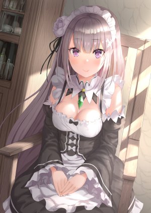 Emilia,从零开始的异世界生活,tomaco,前发,露肩,直刘海,脸红,露胸,cleavage,连衣裙,发饰,长发,视线正对,女仆,横乳,尖耳,紫色眼,缎带,rose,银发,坐姿,笑顔,single