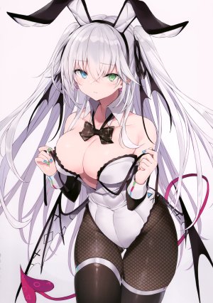 原创,nanananana,兽耳,露肩,黑丝,碧眼,露胸,兔耳,cleavage,绿色眼,holding,巨乳,长发,视线正对,银发,single,翅膀