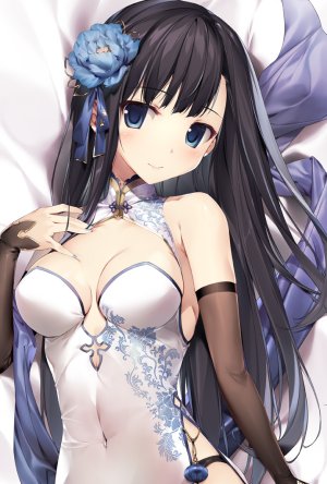 原创,karory,露肩,黑发,碧眼,露胸,汉服,cleavage,连衣裙,吊带袜,发饰,长发,视线正对,横乳,single