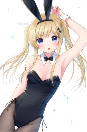 原创,あんず,兽耳,前发,露肩,黑丝,金发,脸红,露胸,兔耳,发饰,长发,视线正对,開いた口,貧乳,single,闪亮,双马尾,白背景
